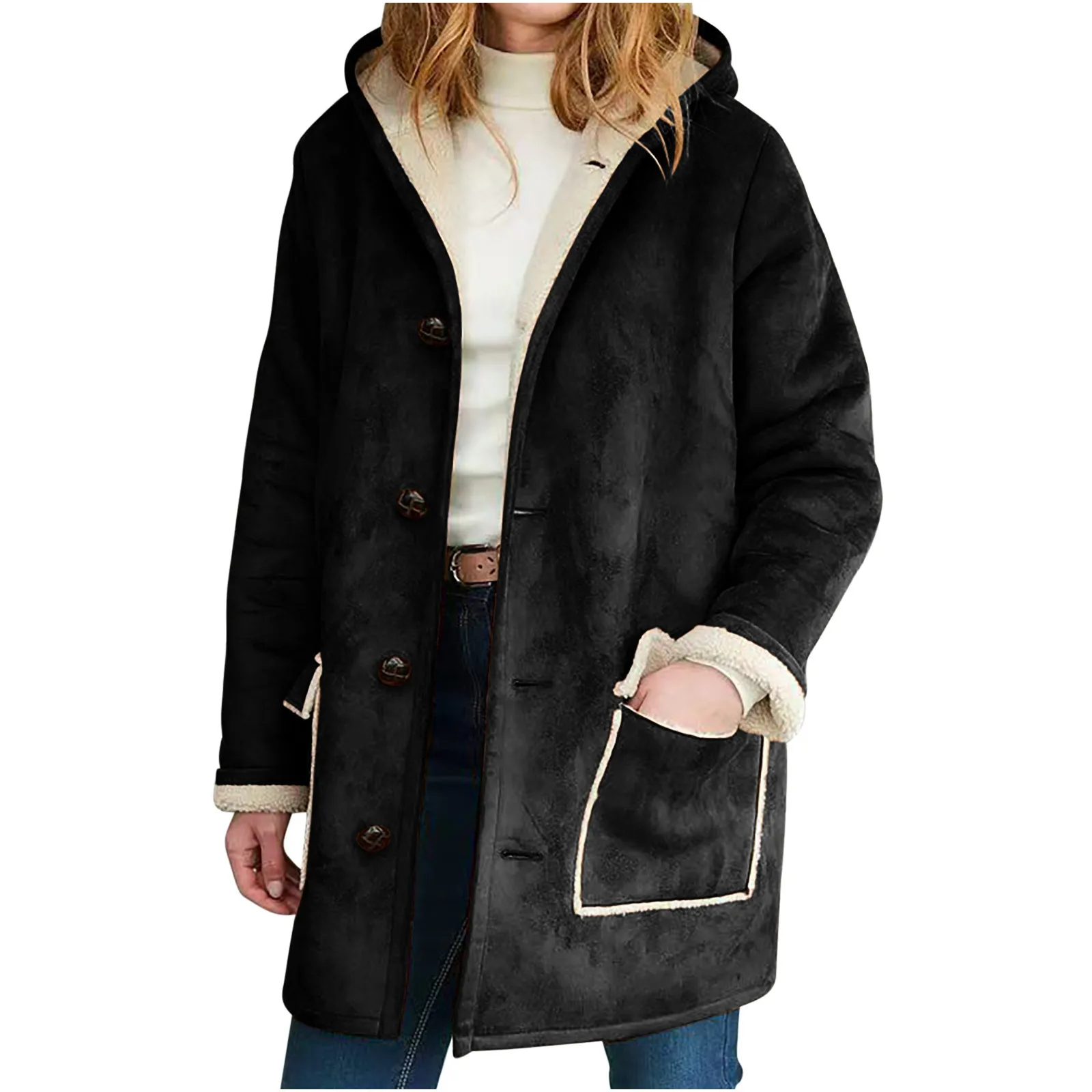 Mittellanger Retro-Mantel aus Wildlederimitat mit Kapuze, 2025 Winter, euroamerikanischer Stil, Damenmode, warme, einreihige, breite Reversjacke