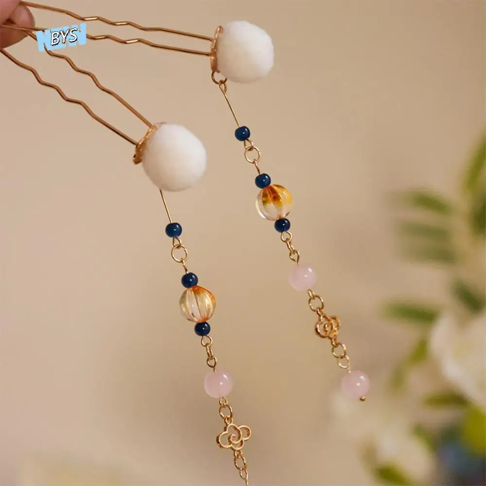 

Chinese Style U-shaped Hairpin Sweet Alloy Antique Hair Forks Hair Jewelry Plush Ball Hanfu Hair Sticks Party Hair Accessories