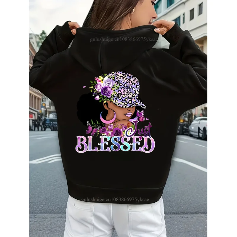 Trendy Streetwear Hoodie Halloween Gifts Just Blessed Floral Woman Print Fall Clothes Autumn Winter Daily Wear Gift For Her