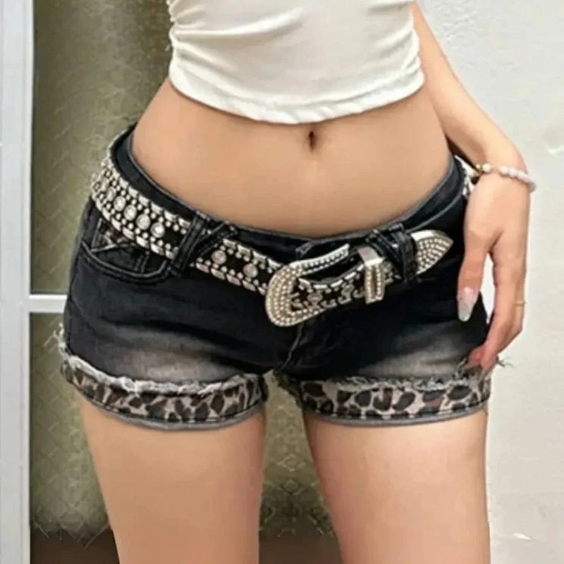 

Women Y2K Korean Jean Streetwear Leopard Print Denim Mini New Shorts Button Sexy Low Rise Short Trousers 2000s Bodycon Clothes