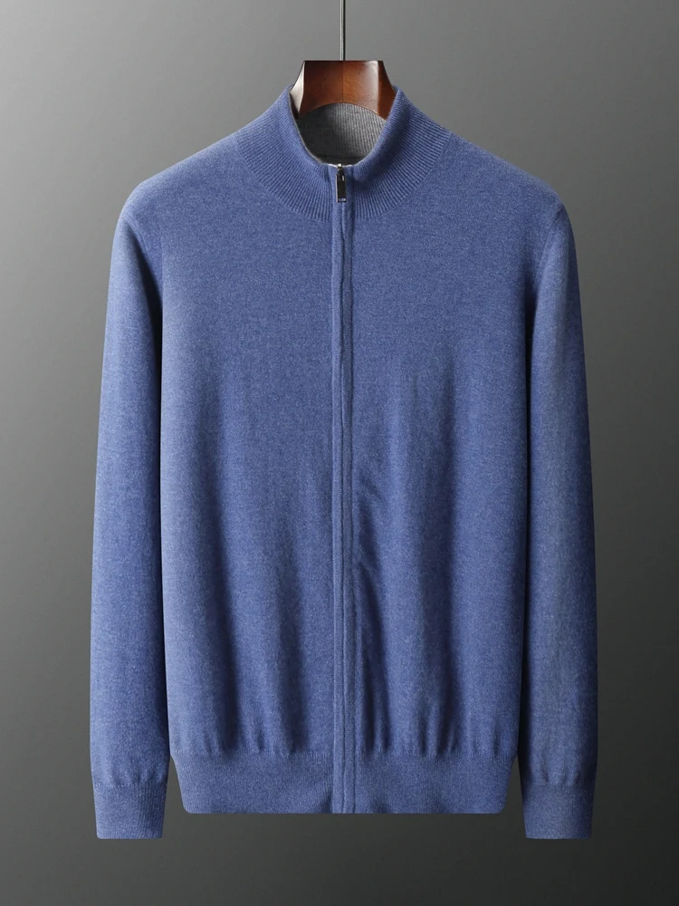 

New Autumn Winter 100% Pure Cashmere Cardigan Sweater Men's Standing Collar Zipper Loose Casual Business Knitted Jacket High-end