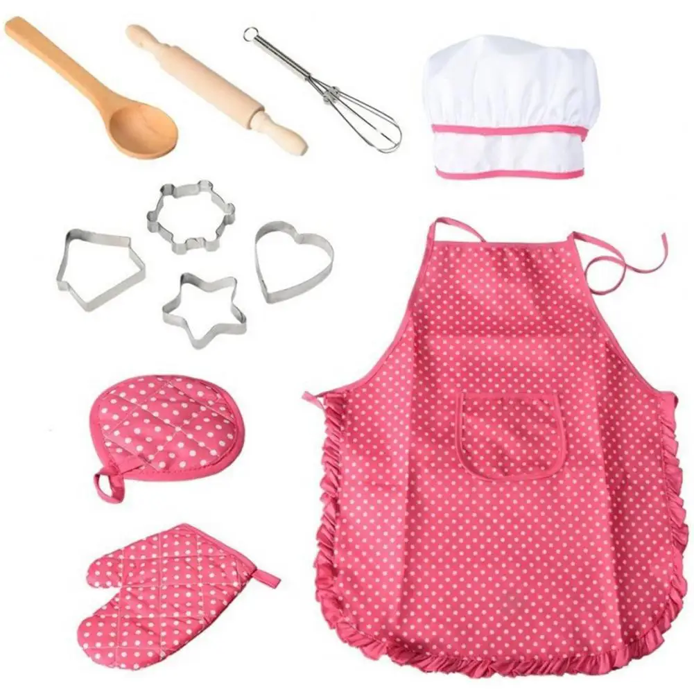 Kids Apron Cooking Apron Gloves Hat Set Girls Chef Toy Combo Hat Oven Mitt Cooking Toddler Chef Costume Role Play Baking Toy Set