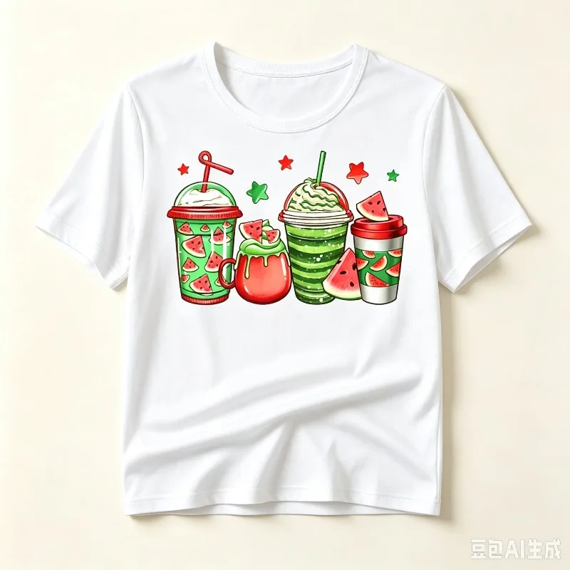 “Watermelon Drinks” Summer Watermelon Cup Star Print Tee Modal Crewneck Short Sleeve For Casual Holiday Women