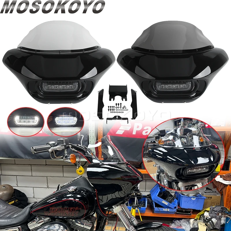 

Обтекатель лобового стекла для мотоцикла, лобовое стекло Bagger Shark Rhein Fairing, светодиодный светильник для Harley Dyna Street Bob FXDB Low Rider FXDL FXDLS