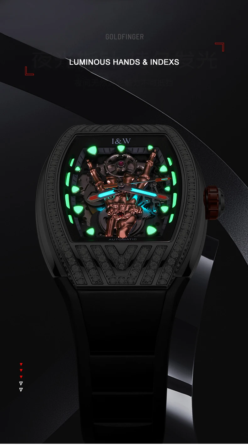 I&W Men Automatic Watch 43mm Tonneau Luxury Mechanical Wristwatch Luminous 50m Waterproof Rubber Strap Zircon Bezel Skeleton