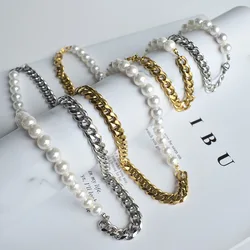 New Pearls Cuban Chain Necklace Bracelet Set Men Women Kpop Punk Stainless Steel Jewelry Accessories Gift