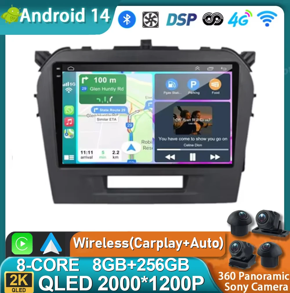 Android 14 For Suzuki Vitara 4 2014 - 2018 2K QLED Multimedia Video Player GPS Stereo CarPlay 4G Head Unit Android Car Radio