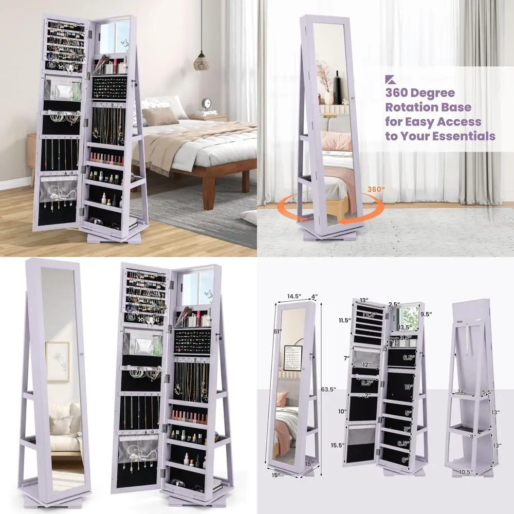 

Lavender Swivel Jewelry Armoire with Full-Length Mirror, Lockable Cabinet, Large Storage, Makeup Mirror, Back Shelves