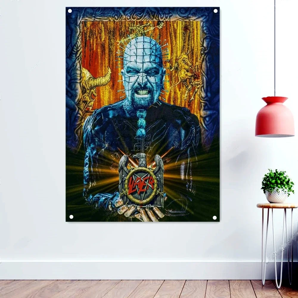 Skull Art Rock and Roll Poster Polyethylene Hanging Cloth Heavy Metal Music Banner Canvas Painting Flag With Four Metal Buckle 8