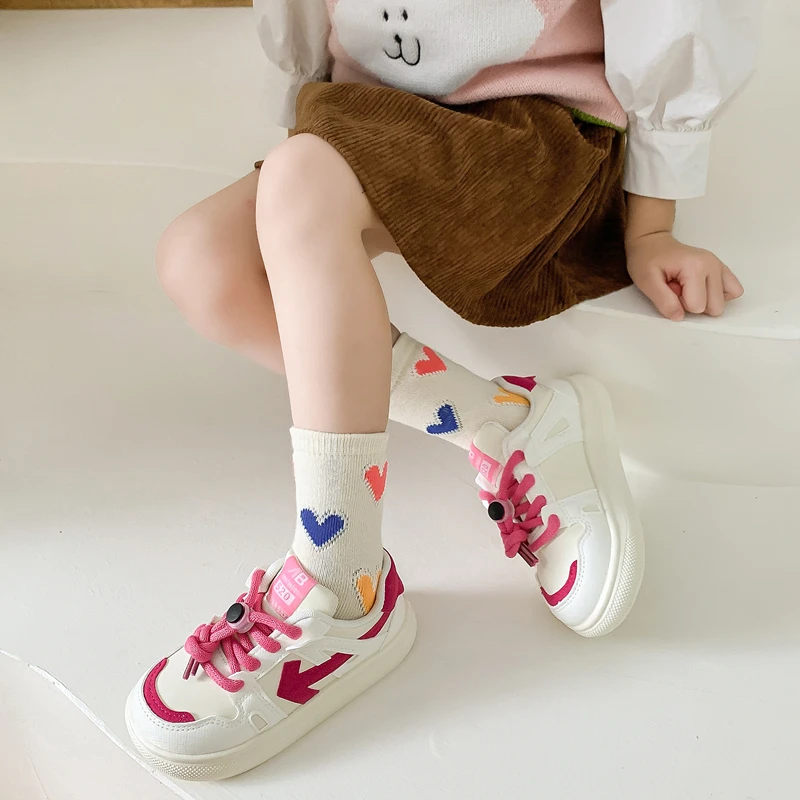 4 Pairs Children\'s Socks Autumn Winter Kawaii Cute Loving Boys Girls Tube Socks Warm Cotton Student Sports Socks For 3-12 Years