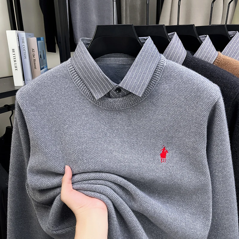 

High quality thickened warm shirt collar sweater high-end new designer brand pony embroidery men's classic Paul knitted pullover
