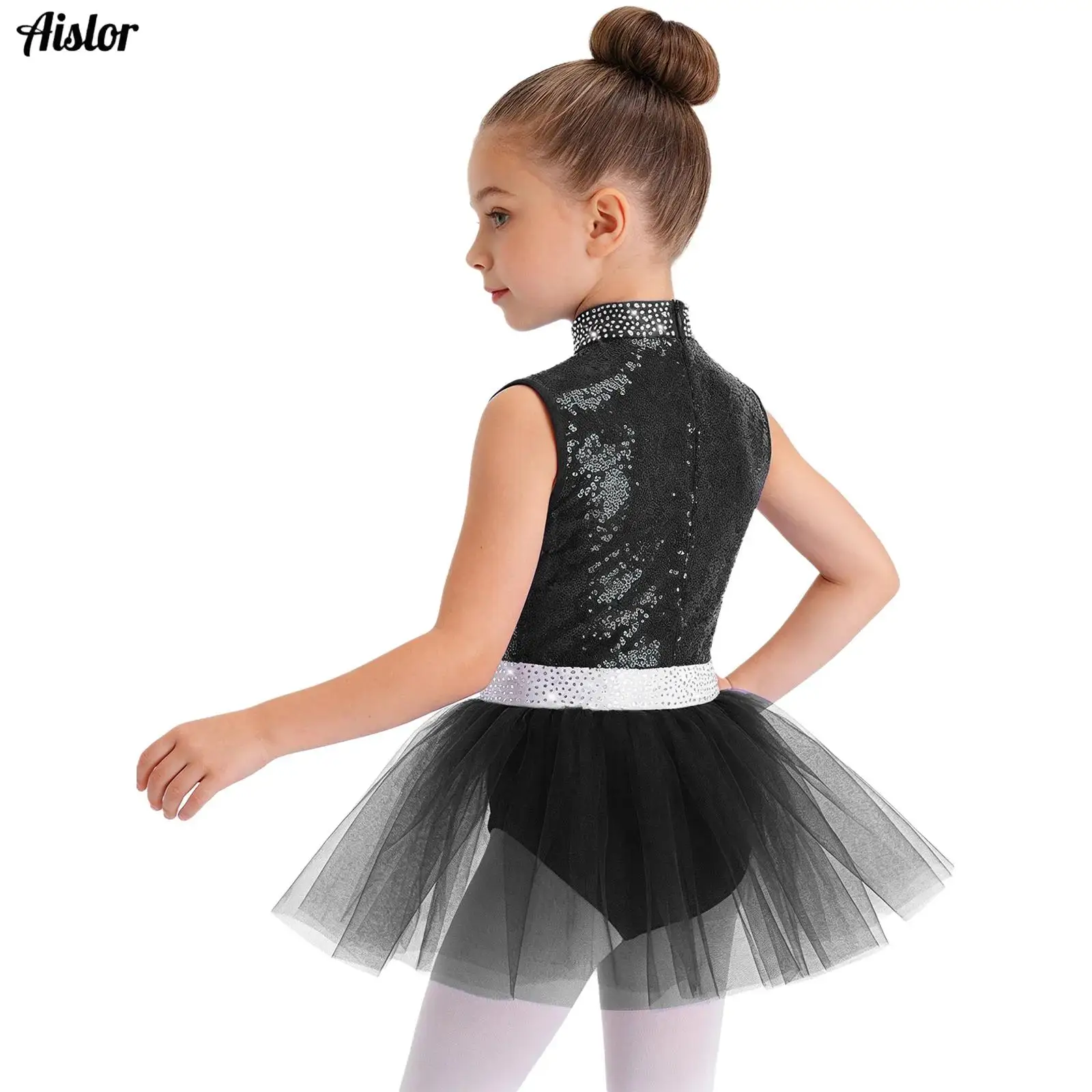 

Jazz Dance Leotard for Kids Girls Sparkly Sequins Bodice Tulle Skirted Leotard Ballet Modern Rhinestone Performance Competition