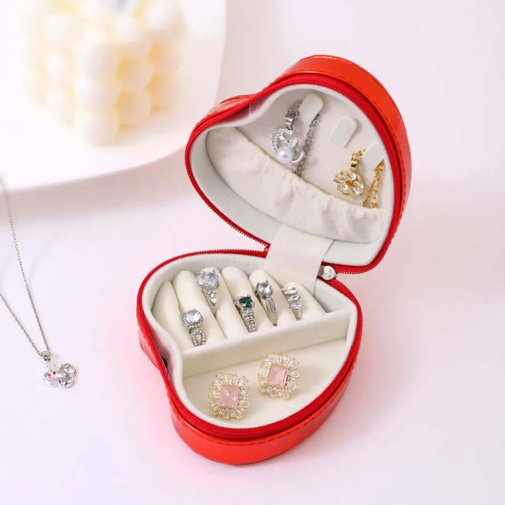 

Velvet Travel Jewelry Organizer Box Soft Lining Heart-shaped Jewelry Storage Boxes Anti-Scratch PU Leather