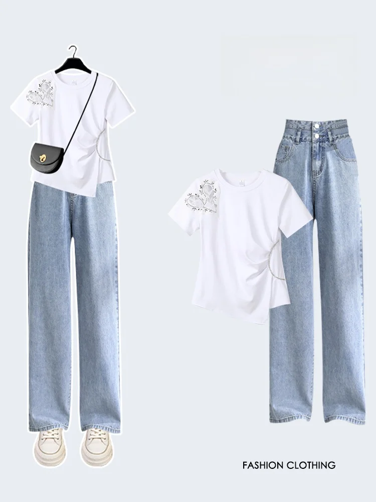 

Salt Series plus Size Summer Design ort Sve High Waist Light Blue Jeans Straight Leg Pants And Set Faionable Women's C...