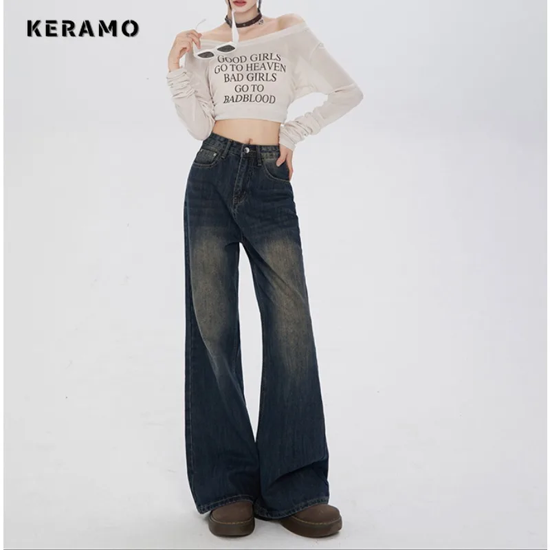 

American Vintage Grunge Streetwear Style High Waist Straight Jeans Pants Women's Casual Baggy Y2K Wide Leg Denim Trouser