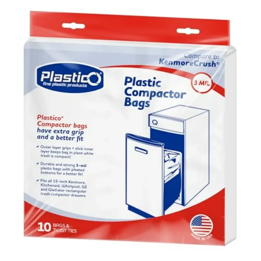 

Heavy duty 3 mil thick plastic compactor bags for 15inch rectangular trash compactors with 10 bags and 10 twist ties 18 gallon