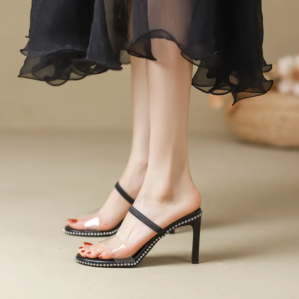 Water Diamond Transparent Slippers Women's 2025 New Summer with Thin Heels and Open Toed High Heels  Back Empty Outdoor Slippers