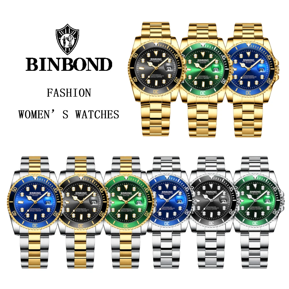 BINBOND ساعات نسائية B920L موضة أنيقة ساعة كوارتز أصلية لسيدة مقاوم للماء الفولاذ المقاوم للصدأ مضيئة تاريخ الاتجاه الجديد