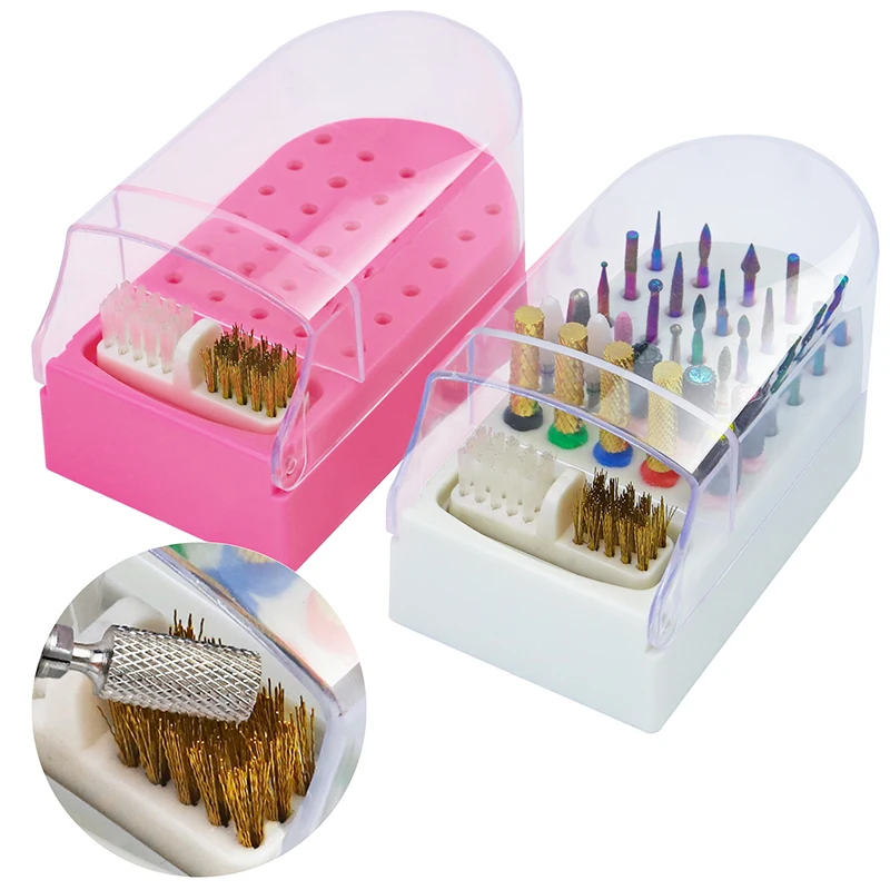 

30 Holes Elliptic Nail Drill Accessories & Bits Storage Box Art Nails Grinding Head Holder Display Pink White Manicure Empty Box