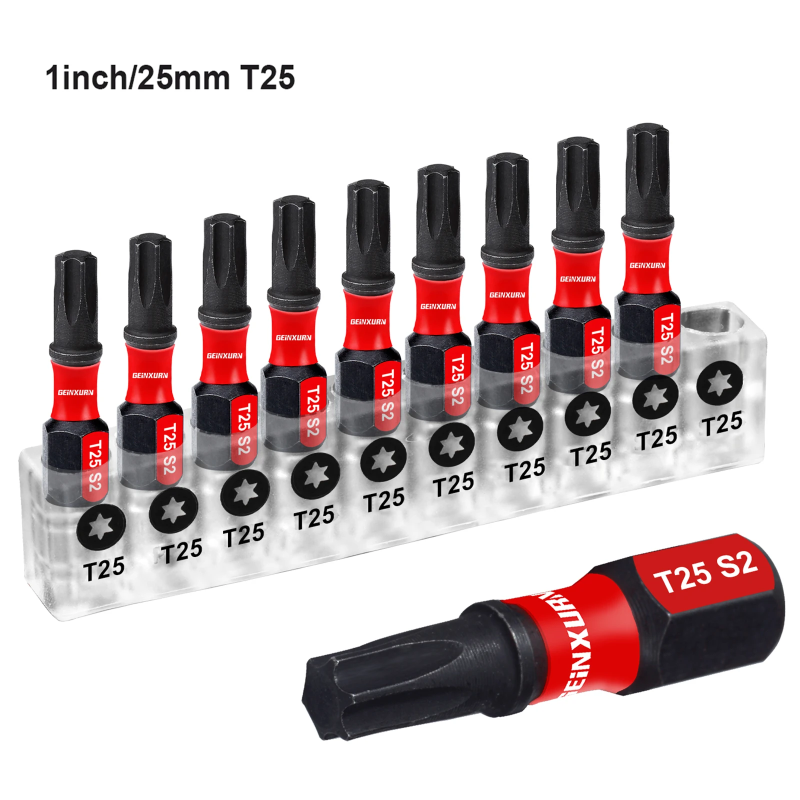 Geinxurn 1-calowy magnes uderzeniowy # Zestaw 25 końcówek wkrętakowych Torx, zestaw końcówek mocy T25 ze stali stopowej S2 z podstawą