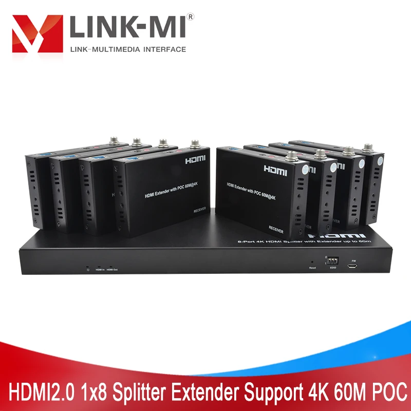 

4K 60M HDMI 1X8 Splitter Over Cat5e 6 Cable Support POC 90M 1080P 8 Port HDMI Splitter