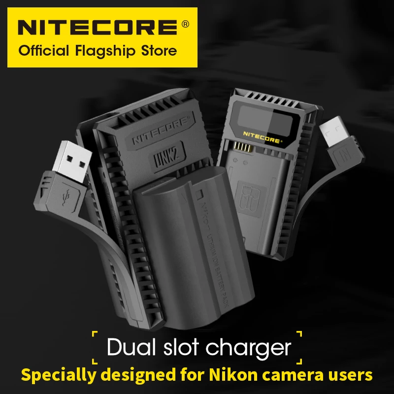 NITECORE UNK2 Smart Camera Battery Charger Dual-Slot USB for Nikon EN-EL15 EN-EL15a EN-EL15b D500 D600 D810 D7500 Z6 D800E D7000