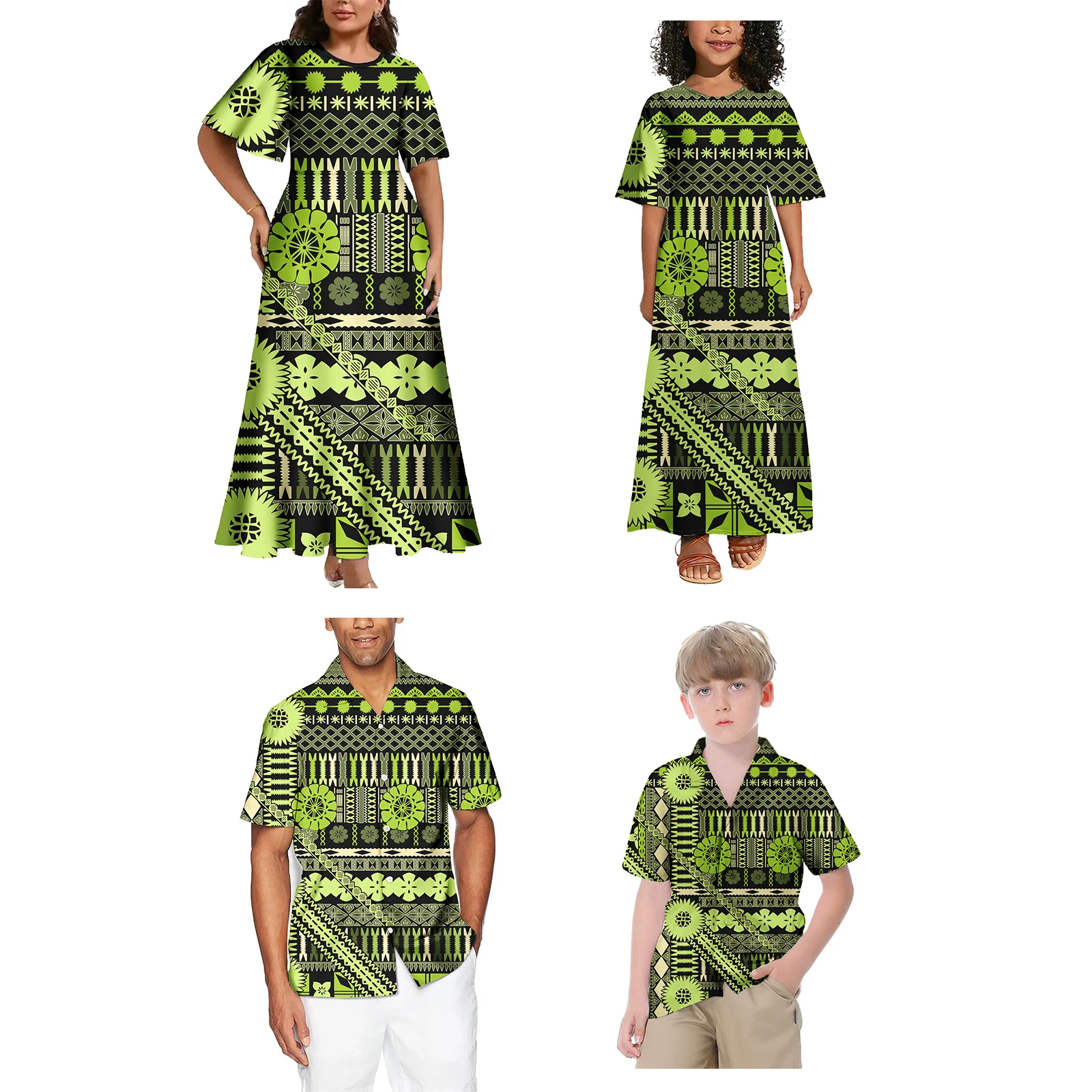 New Polynesian Island 4pcs Family Matching Set Puletasi Style Samoa Custom Women\'S Clothing Plus Size Dresses Hawaiian Shirt Man