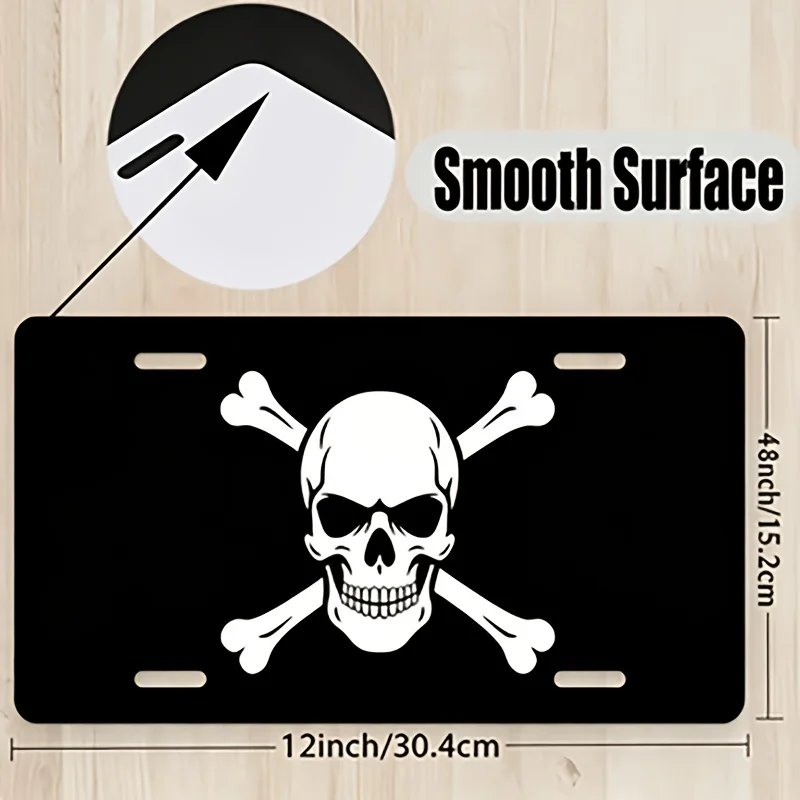 2D Flat, 2D Flat Pirate Theme License Plate Frame and Kit - Heavy Duty License Plate with Black and White Skull and Crossbones J