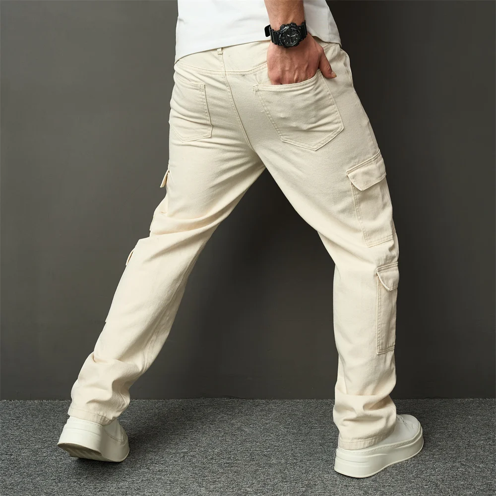 Streetwear Stylish Retro Multi pocket Cargo Men Jeans Male Good Quality Solid Loose Casual Straight Denim Pants