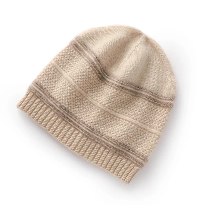 MERRILAMB 2023 Women's Striped Knitted Hat Keep Warm Outdoor Real Cashmere Winter Hat Fashion Lady Cashmere Windproof Beanie Cap