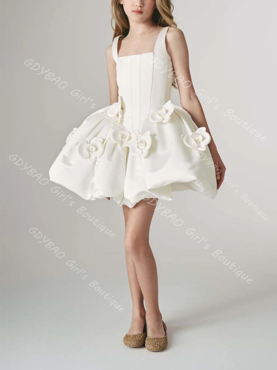 Vestido de niña de flores de color marfil para boda, Mini tutú esponjoso con flores en 3D, vestido de desfile de princesa con tirantes finos, vestido de fiesta personalizado para niños