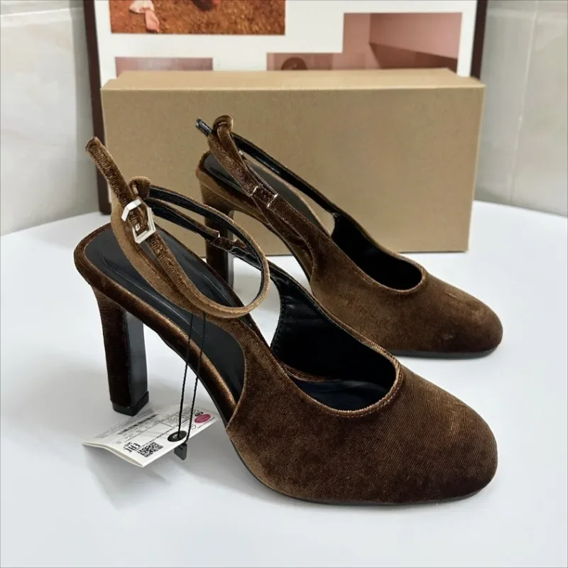 Retro Brown Suede Summer Women Chunky Heels Sandals Elegant Slingbacks Round Toe Ankle Strap Plus Size Brand Office Lady Shoes