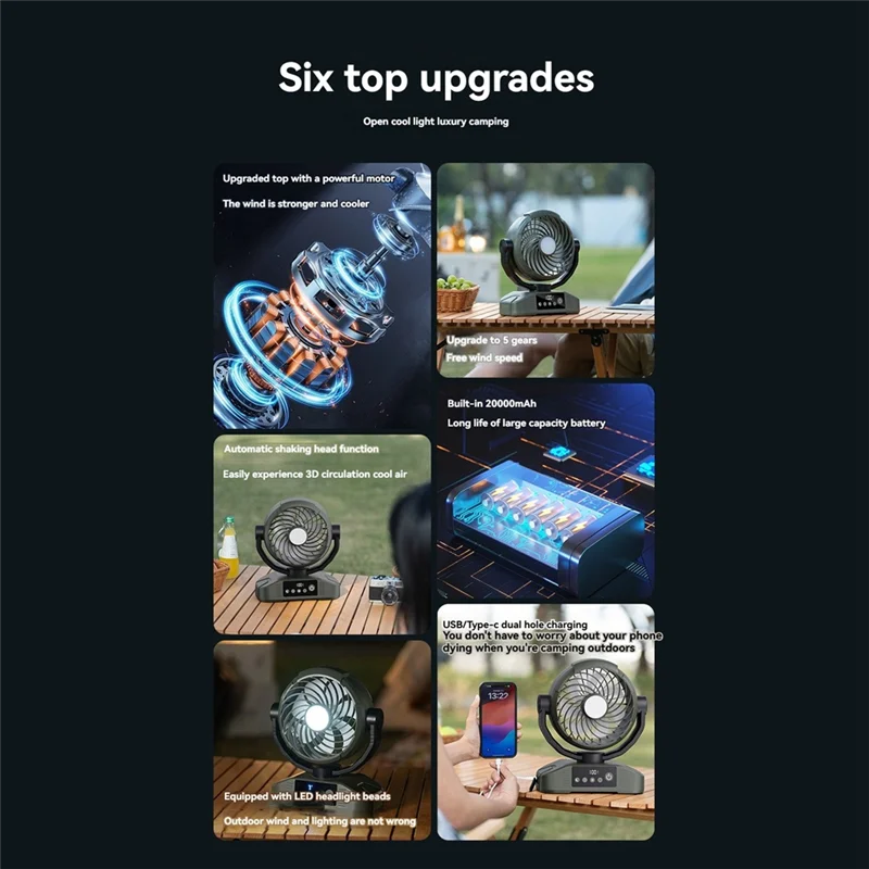 BABZ-데스크탑 팬 20000Mah 충전식 팬(라이트 포함) 5단계 속도 조절 가능 캠핑 여행용 밝기 레벨 3개
