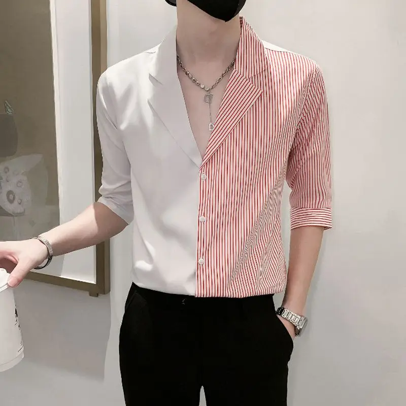 2023 Men\'s Clothing Korean Fashion Casual Striped Patchwork Asymmetrical V-neck Temperament Button Handsome Spring Summer Shirts