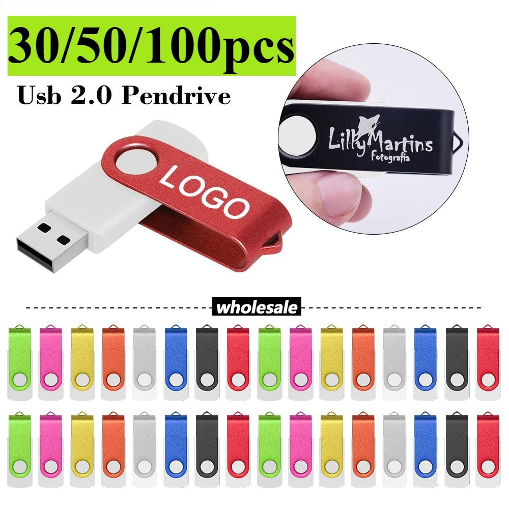 

30/50/100PCS USB Flash Drive 1GB 2GB 4GB Metal Clip Memory Stick 64GB Free Custom Logo Pendrive 32GB Creative Gift Usb Stick 16G