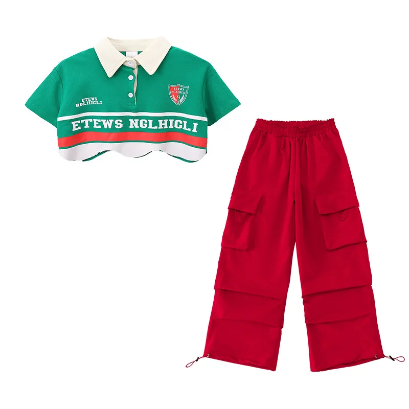 Girls Hip Hop Crop Top Red Cargo Baggy Pants Child Polo Shirt Street Dance Loose Jogger Clothes Set Kids Streetwear Teen T-shirt