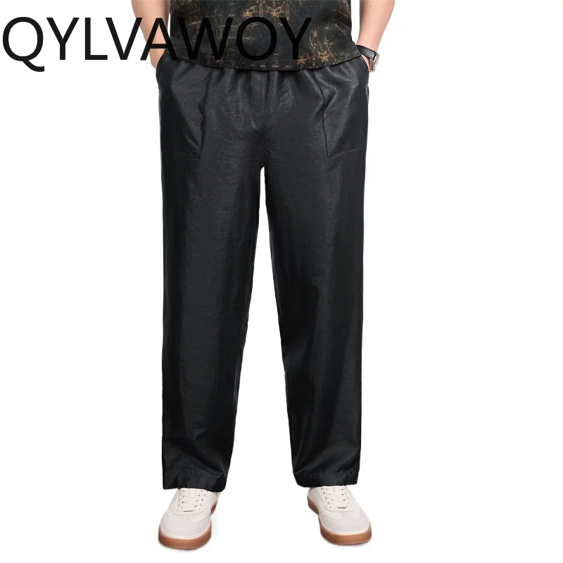 QYLVAWOY Double-sided Man Pants 100% Mulberry Silk Straight Pants for Man Elastic Waist Trousers Thin Pantalones Hombre Loose