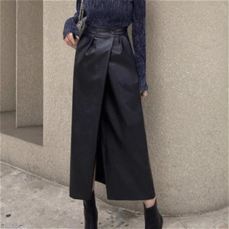 

Elegant Women Irregular Long Leather PU Skirt 2025 Autumn Winter A-Line Loose Female Casual Street Wear High Waist Midi Skirts