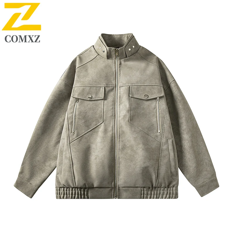 COMXZ New Men Leather Jacket Fashion Camping Multi Functional Coat Casual Hiking Lightweight Comfortable Streetwear Autumn Coats