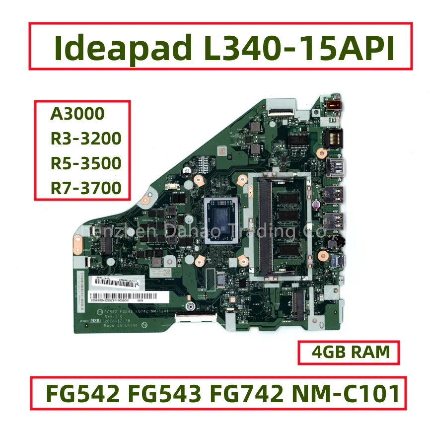 FG542 FG543 FG742 NM-C101 For Lenovo Ideapad L340-15API Laptop Motherboard With A3000 R3-3200 R5-3500 R7-3700 CPU 4GB RAM