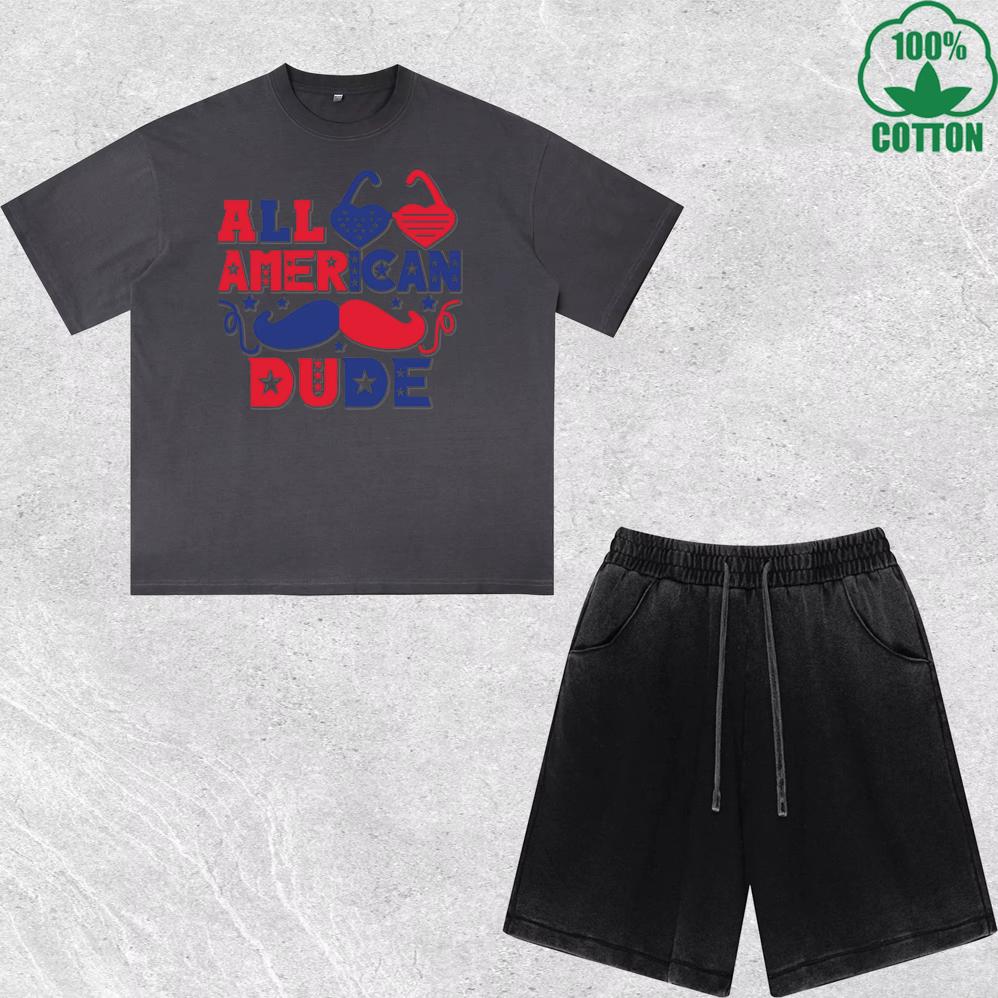 

All American Dude Printed Dirty Wash T-Shirt Shorts Set Multicolor Combo Loose Trendy 100%Cotton