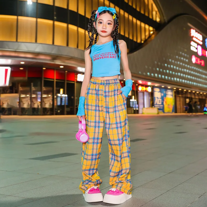 Girl Hip Hop Clothes Crop Top Yellow Plaid Cargo Pants Suit Girls\' Summer Stage Jazz Dance Spicy Girls\' Performance Clothes