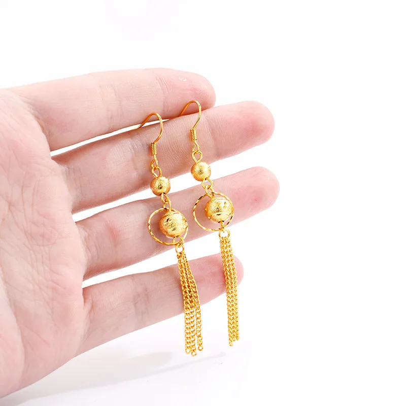 AU999 Gold Patterned Fortune Bead Earrings Gold Shop Wedding Jewelry 24K Pure Gold Goddess Tassel Earrings for Girlfriend Gift