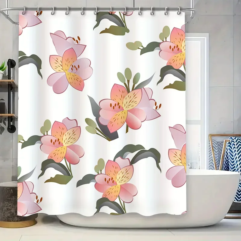 

Занавеска для душа с цветочным принтом, розовый дизайн с цветами для декора ванной комнаты, водонепроницаемая ткань, размер, настраиваемый