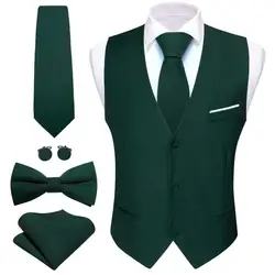 Designer Men's Vest Dark Green Solid Silk Satin Waistcoat Tie Bowtie Hanky Wedding Formal Male Suit Sleeveless Jacket Barry Wang