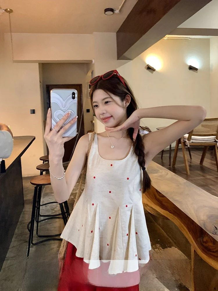 

Женский летний топ U77 без рукавов с контрастными вставками, в горошек, на бретельках, с U-образным вырезом, с рюшами по низу, подчеркивающий талию, очень красивый