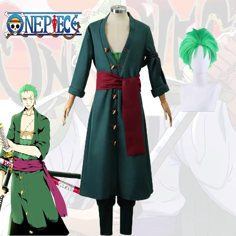 

Anime Roronoa Zoro Cosplay Costume Uniform Green Coat Belt Pants Head Scarf Roronoa Zoro Wig Earrings Halloween Men Clothes