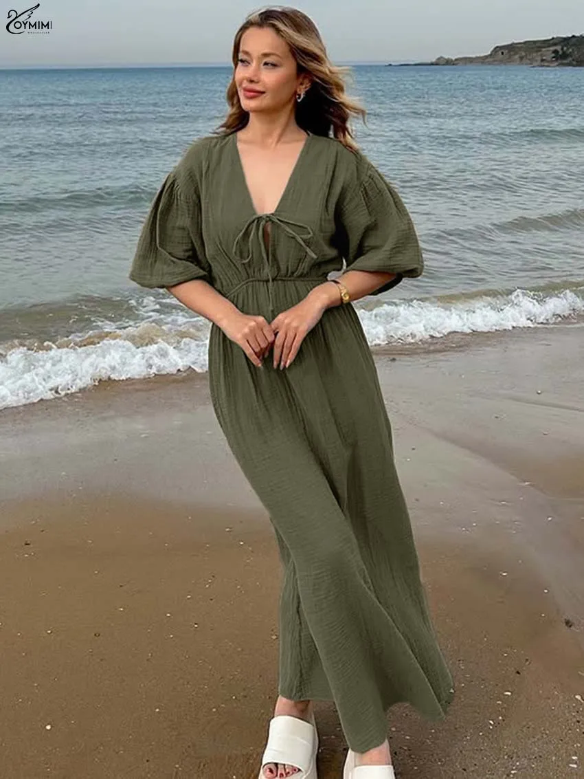 

Oymimi Elegant Green Cotton Dresses For Woman Fashion V-Neck Puff Sleeve Lace-Up Dresses Casual Loose Ankle-Length Dress Female