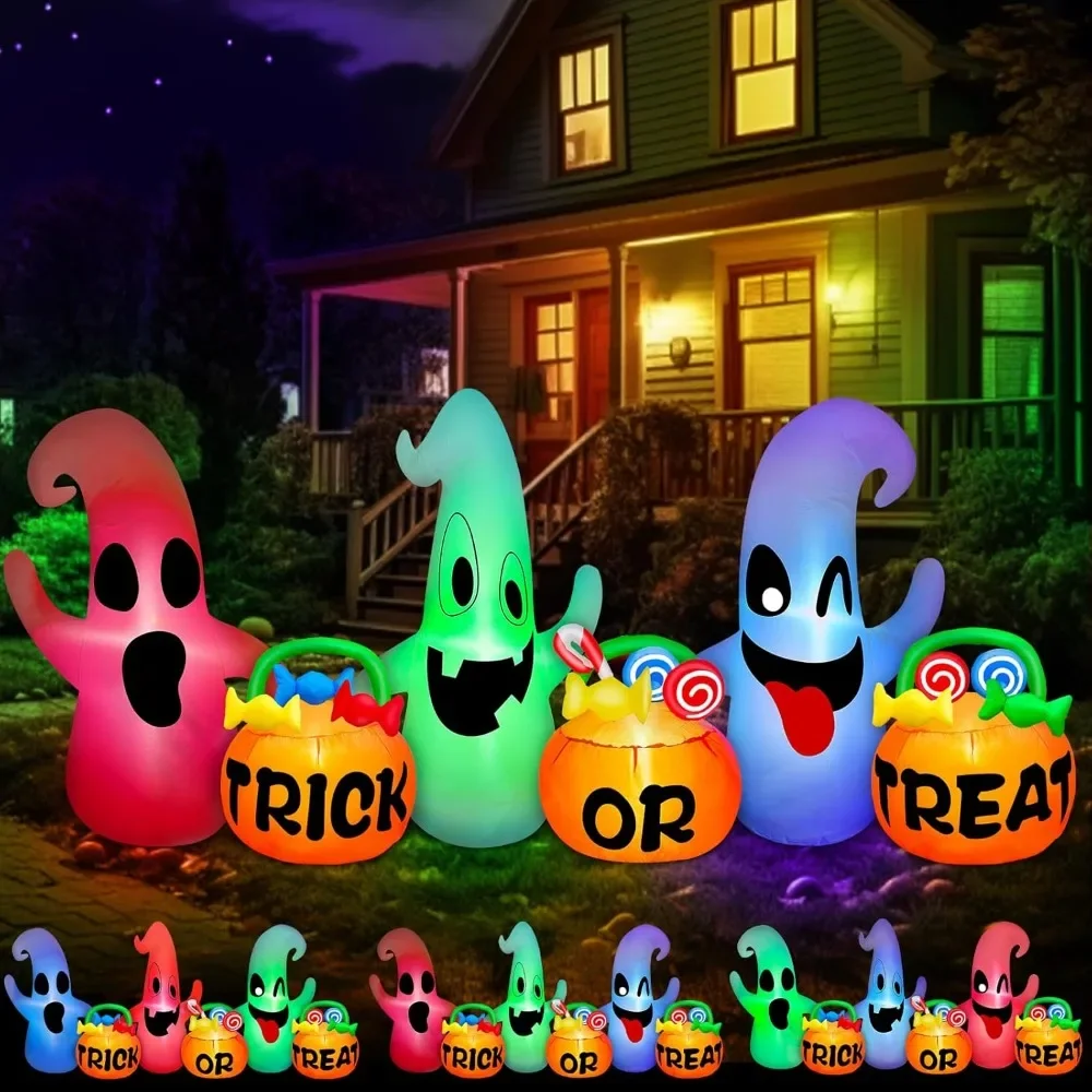 

Halloween Inflatables Three Ghosts with Pumpkin Candy Bags Halloween Decorations Outdoor Build-in LED Light