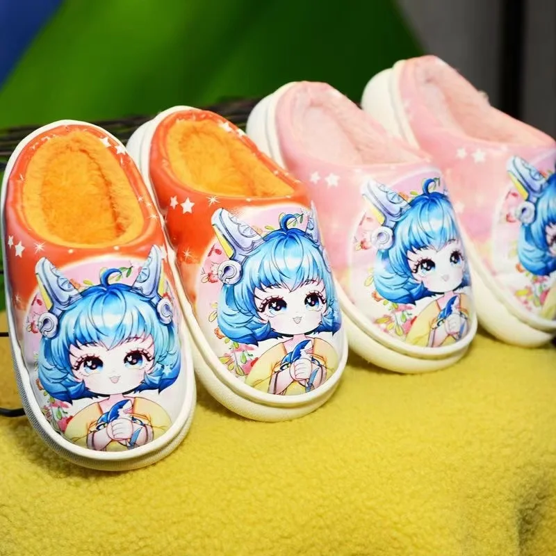 real photo Children's Cotton Slippers Pu waterproof Girls Winter Baby Cute Indoor Girls Kids Cartoon Princess Warm Home Shoes